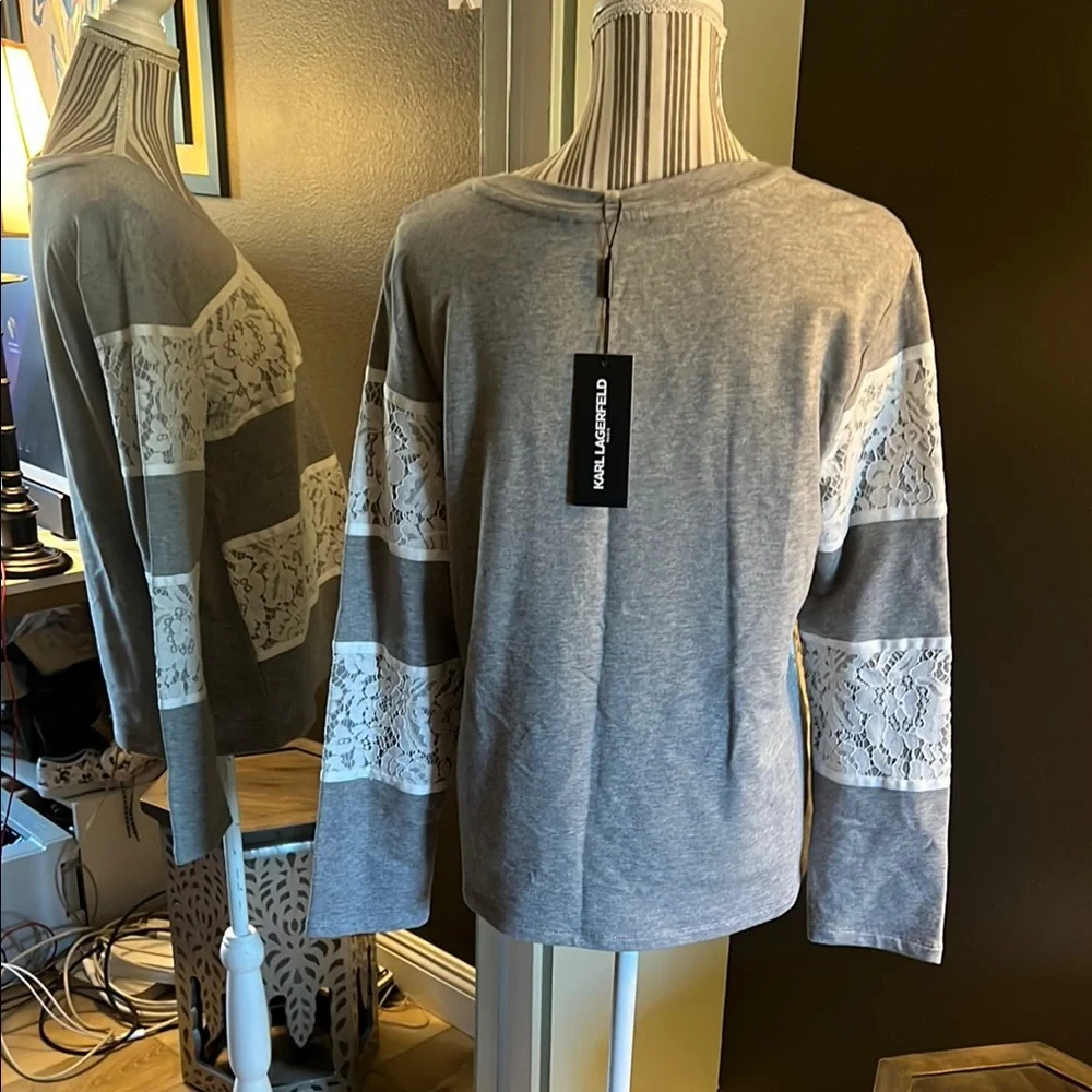 NWT. Karl Lagerfeld, size small, Gray and White Lace Panel Women's Top - Picture 6 of 13